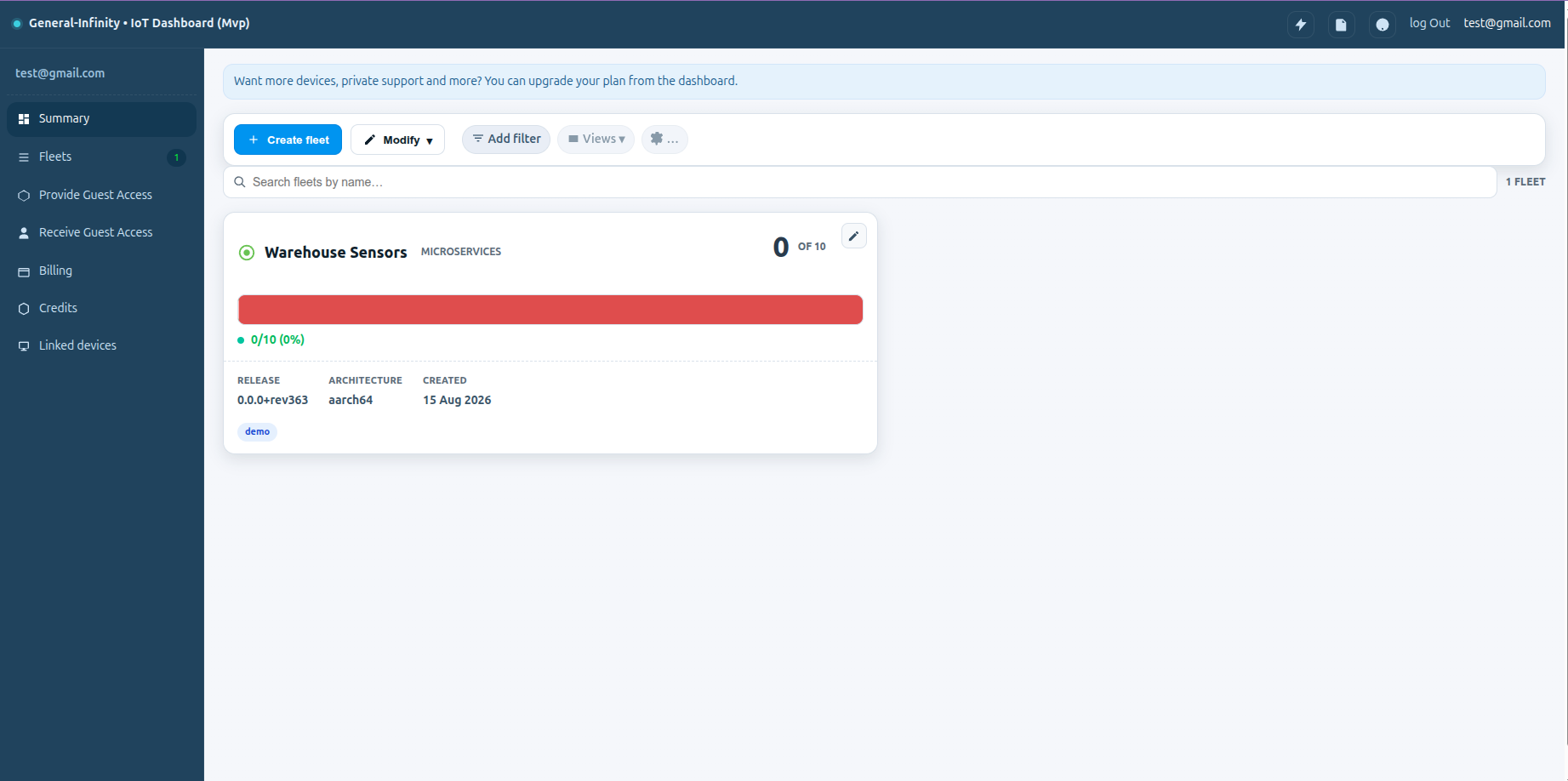 The All Fleets page, showing a list of fleets on the account.